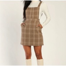 Lulus Plaid To Be Yours Brown Pinafore Mini Dress Medium Square Neck Fall
