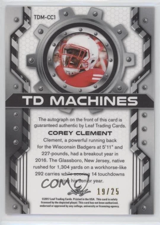 2017 Leaf Valiant TD Machines Orange /25 Corey Clement #TDM-CC1 Rookie Auto RC - Image 2 of 2