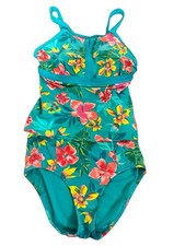 Lands' End Teal Floral Keyhole High Neck Tankini Set Swim Suit Women Size 12