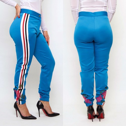 Flower Embroidery Track Pants (Blue 
