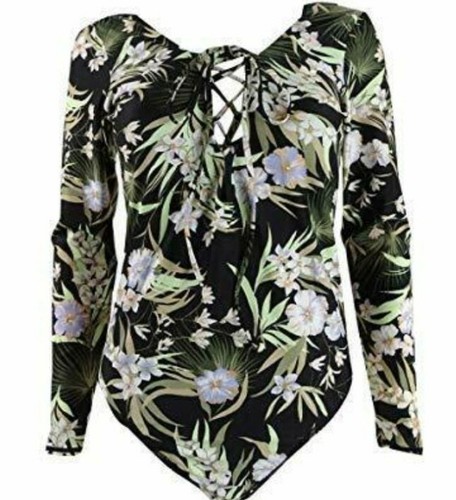 NEW Volcom Womens For Shore Lace Up Long Sleeve Floral Black Bodysuit Swim, Med - Picture 4 of 4