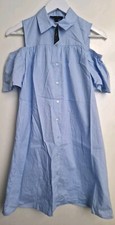 Blue Cotton A-Line Summer Dress UK8 US4 Cold Shoulder Button Down Collared Dress