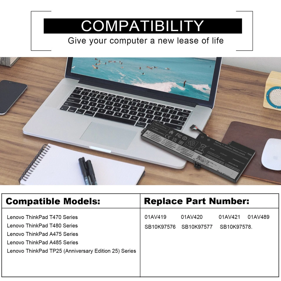 Batería interna para Lenovo ThinkPad T470 T480 A475 A485 TP25 01AV420 01AV489 EE. UU. Foto 3 de 4