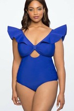 Plus Size Blue Ruffle Shoulder Swimsuit