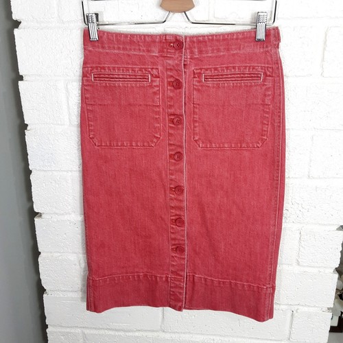 Uniqlo U Red Denim Skirt Womens Size 2 Red Acid Wash Midi Button Front Pockets