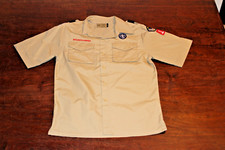 Boy Scouts of America BSA Youth Shirt Tan Large Sewn Patches Short Sleeve