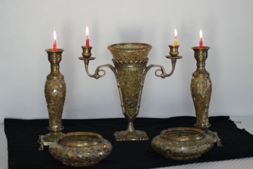 Candle Holder, Vase, Ashtray set, Antique, Brass and glass finish, 1960's, - Picture 1 of 11