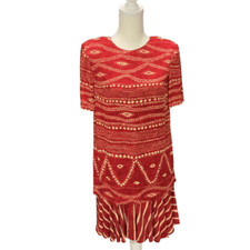 VTG 90s Carole Little Petite Dress Skirted Tribal dark Orange Shoulder Pads Sz 2