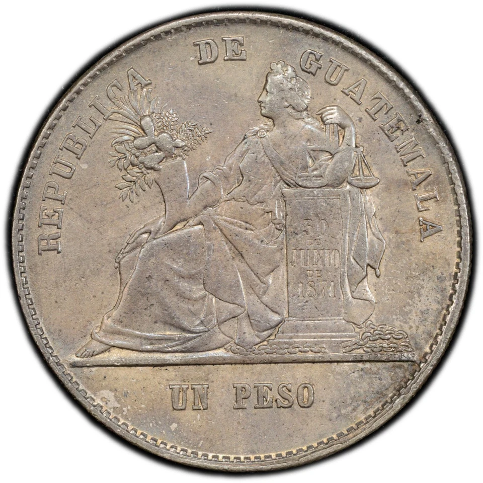 Guatemala: 1 Peso, 1873-P. Nueva Guatemala Mint. PCGS AU-55! Nicely Toned. - Image 3 of 4