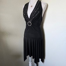 Taboo Black Rhinestone Halter Dress Handkerchief Hem