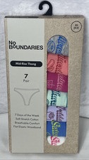 No Boundaries Mid-Rise Thong 7 Pair 7 Days of the Week Cotton Size XS 0-2 NEW