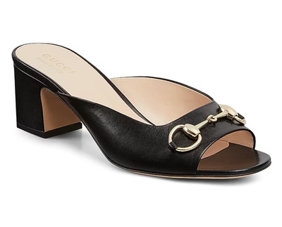 Gucci Lady Horsebit 55mm Black Leather Gold Logo Block Heel Mule