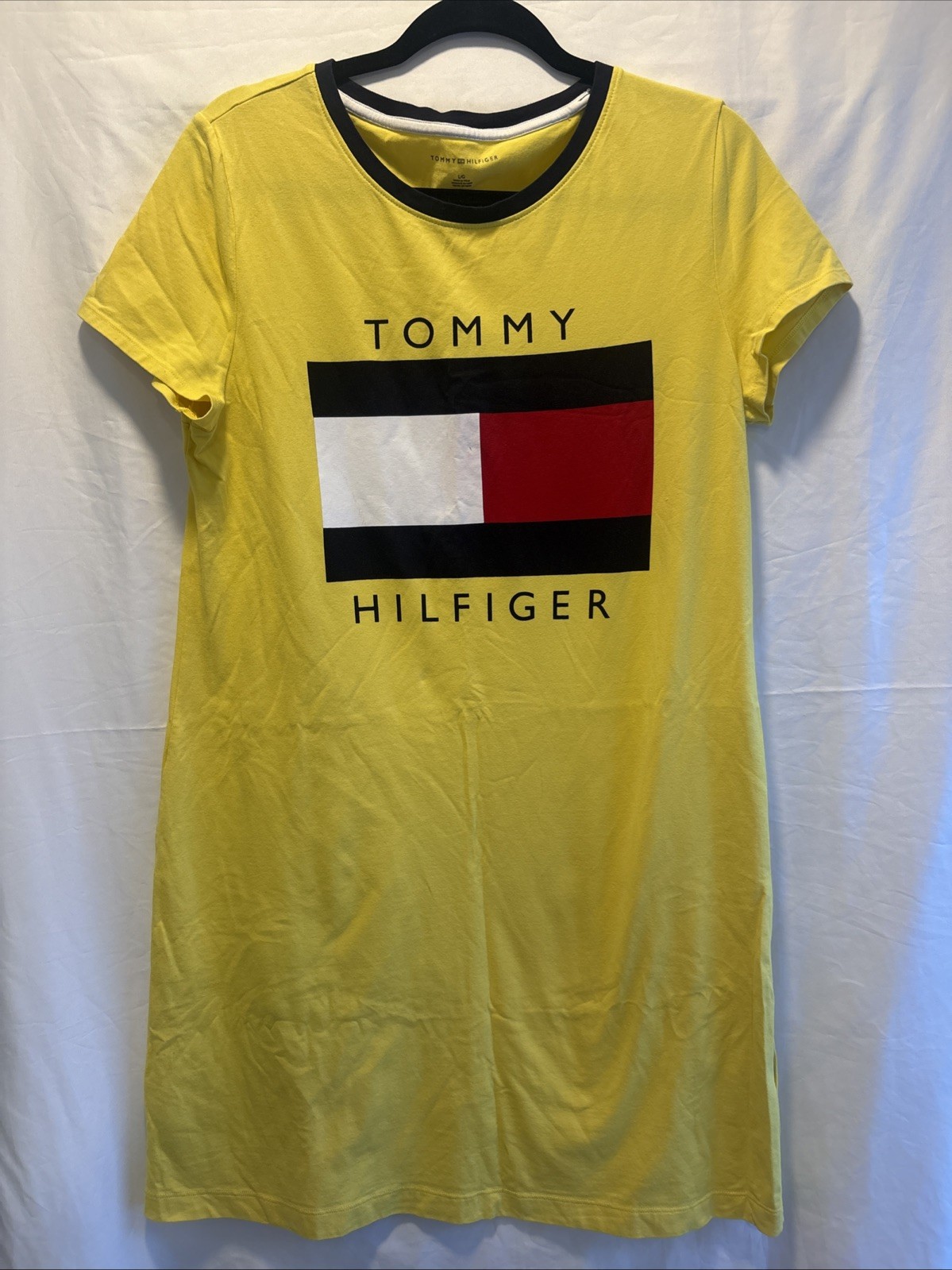 TOMMY HILFIGER DRESS Large Yellow Flag T Shirt Style Cotton Signature Graphic