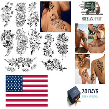 Black Flower Butterfly Temporary Tattoos for Women, 10Sheets Large Waterproof