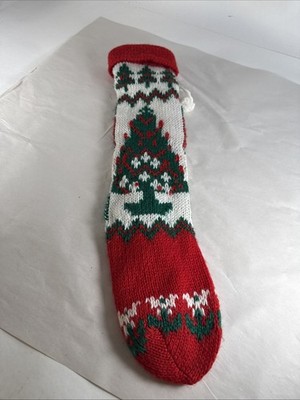 Vintage Knit Christmas Stocking Red & Green w/ Christmas Tree Design 22 