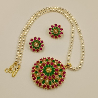 Ruby Emerald & Pearl Pendant Set 22k Gold Plated Traditional Indian Jewelry Gift