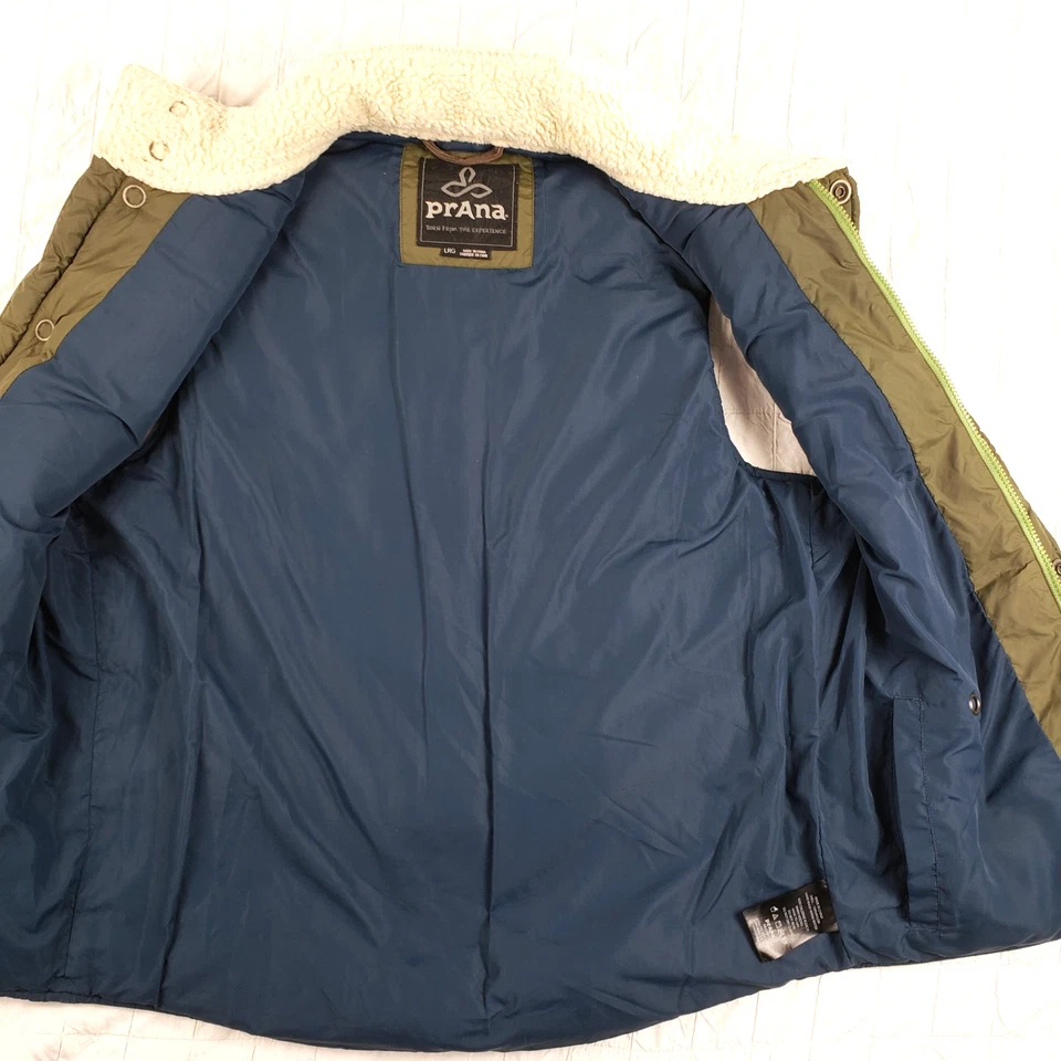 Prana Mens Sz LARGE Waylen Midweight Puffer Vest Olive Green Sherpa Lined Collar - Image 4 of 4