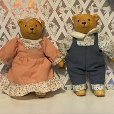 Vtg Set of 2 Cloth & Porcelain Teddy Bears Dolls Boy & Girl Russ Berrie & Co.