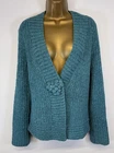 Per Una Cardigan Teal Wool Blend Soft Chunky Knit Flower Boho M&S L UK 16/18