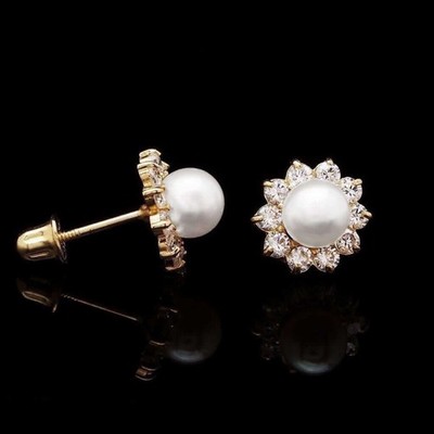 14 Karat Gelbgold Brillant Stein Süßwasser Perle Heiligenschein Blume Ohrstecker 8 mm