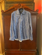 Bugatchi Uomo Blue White Textured Crosshatch Print Long Sleeve Button Up Shirt