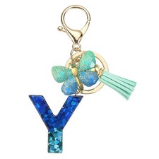 Initial Letter Keychains, Resin Cute Pendant with Butterfly  Tassel, Teal-Y