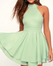 Lulus Women’s Mint Green Rehearsal Skater Dress Halter Neckline Small NWT