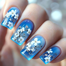 Blue Press on Nails Medium Square False Nails White Flower Design Full Cover Glu