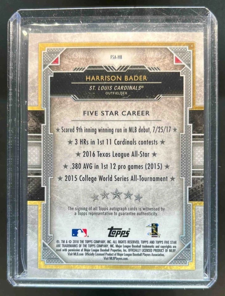 2018 Topps Five Star Harrison Bader RC Rookie Auto #FSA-HB Cardinals - Image 2 of 2