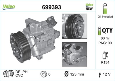 Valeo 699393 Compressor, Air Conditioning for Citroen, Peugeot, Toyota