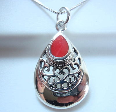 Red Coral Filigree 925 Sterling Silver Necklace Corona Sun Jewelry