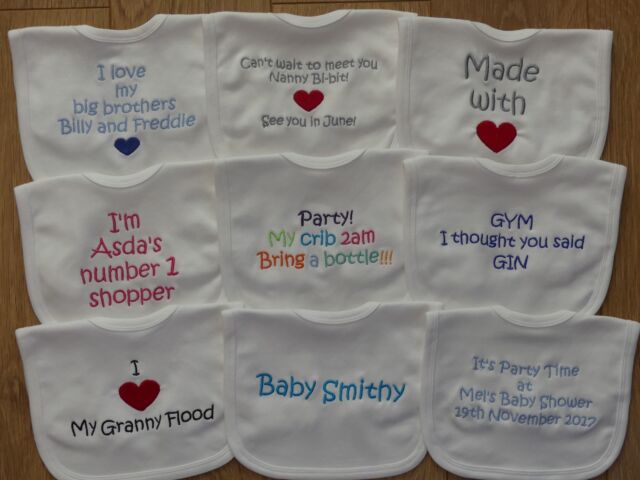 Personalised Baby Bib Embroidered Birth ANY WORDING Baby Shower Wedding Toddler