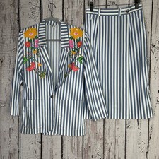 FSTOP Vintage Blazer Skirt Set Size 8/Small Blue White Striped Floral Wrap Skirt