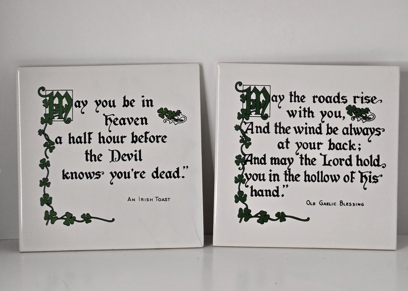 Vintage Irish Toast and Gaelic Blessing Shamrock Irish Trivet Wall Plaques Set 2