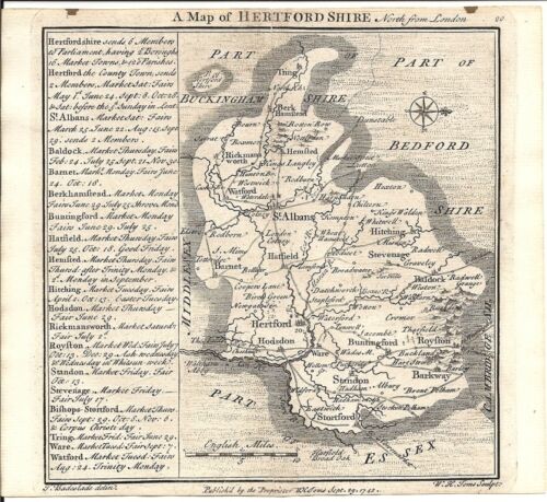 Antique map, Badeslade & Toms, 1742, Hertfordshire . - Afbeelding 1 van 1