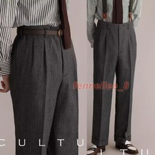 Mens Retro Herringbone Tweed Wool Pant High Waist Formal Casual Stright Trousers