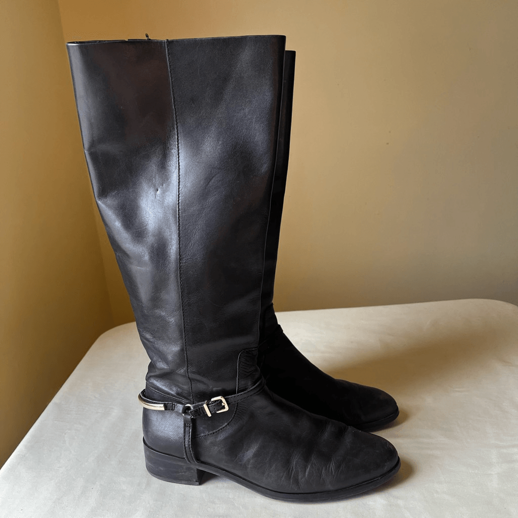 Essex Lane Black Leather Riding Boot Knee High Zip Up Gold Buckle Women’s 9
