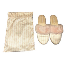 VICTORIA'S SECRET CLASSIC WHITE PINK STRIPE FUZZY COZY SATIN SLIPPERS LARGE