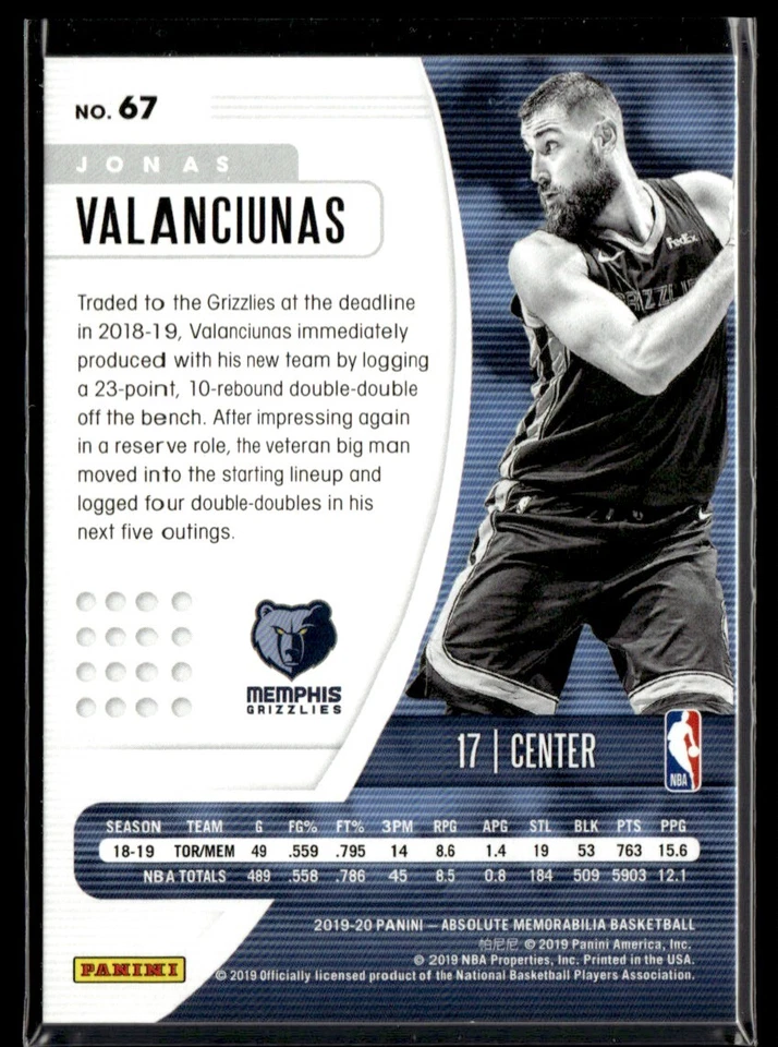 2019-20 Panini Absolute Memorabilia Jonas Valanciunas #67 - Image 2 of 2