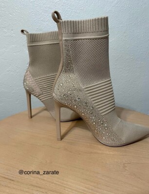 STEVE MADDEN Pointed Toe  Maxwelle  Knit Stiletto Boot Beige & Rhinestone NWOB