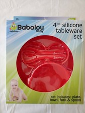 Babalou Baby 4 Pc. Red Silicone Tableware Set, Plate, Bowl, Fork  Spoon BNIP 