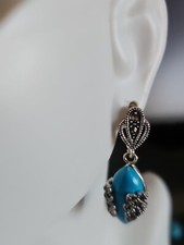 Turquoise STONE Marcasite 925 Sterling Silver DANGLE LEVERBACK Earrings NWOT