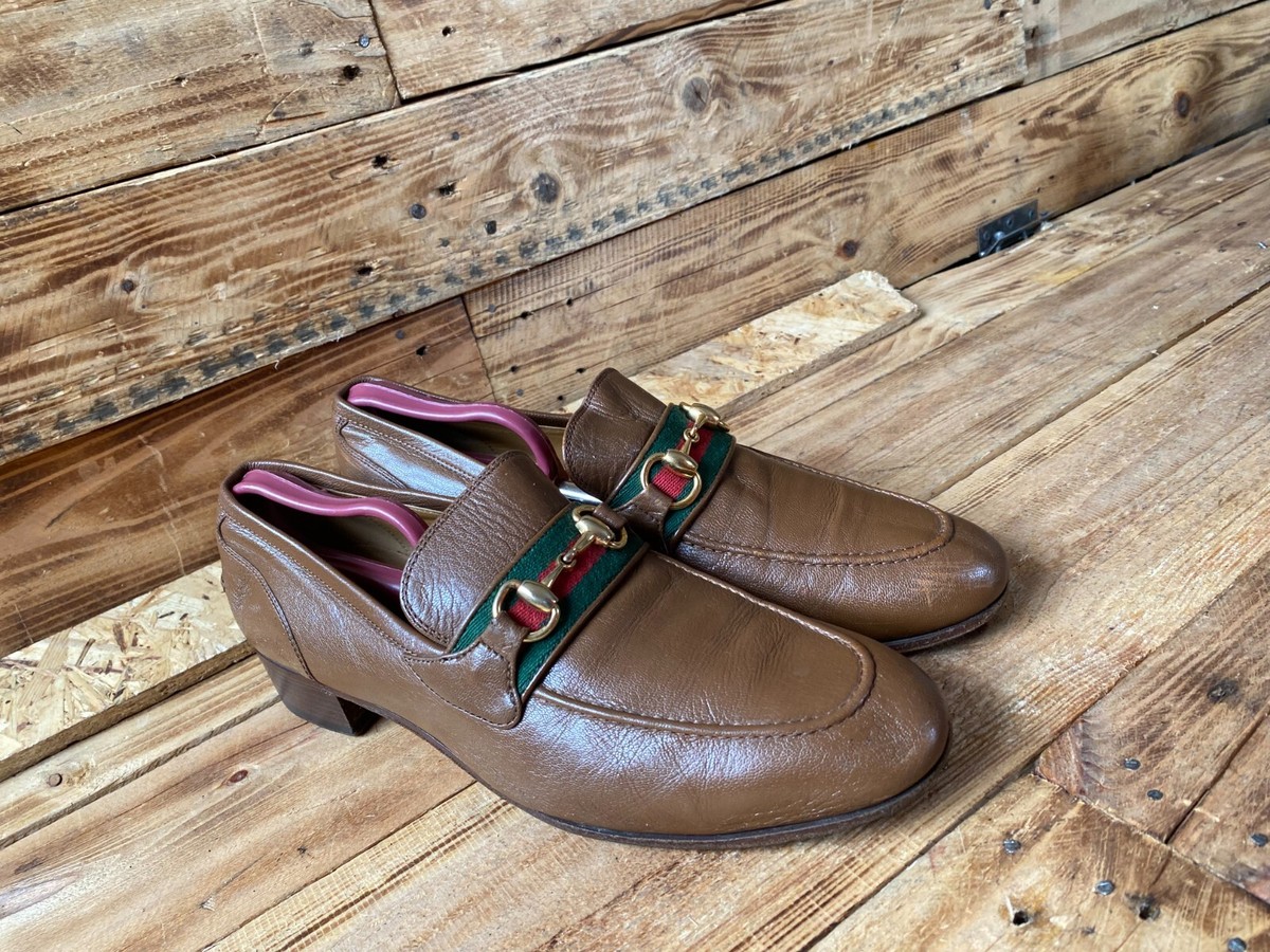 Gucci horsebit bixton three stripe brown leather web loafers 