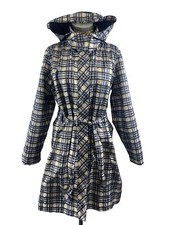 Esmara Jacket 18 Blue Beige White Plaid Hooded Button Up Belted Midi Long Parka
