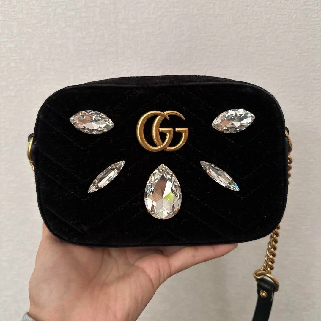 Gucci GG Marmont velvet chain shoulder bag mini Pochette camera velour  crystal