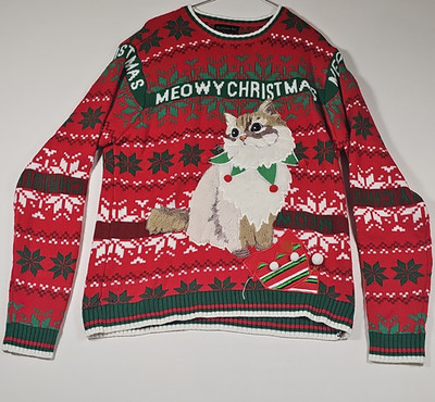 Blizzard Bay Christmas Cat Sweater Red Green Embroidered Pom Pom Size L