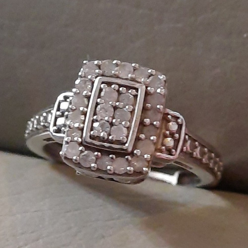 925 Sterling Silver Square White Diamond Cluster Ring Size 6 Signed Band 2.5mm