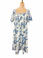 Blue White Floral Midi Dress with Smocked Bodice