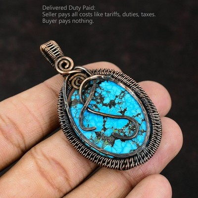 Copper Oval Tibetan Turquoise Stone Wire Wrapped Elegant Unique Pendant Jewelry