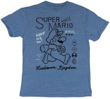Super Mario Brothers Adult New T-Shirt - Outlined Mario Over Mushroom Kingdom